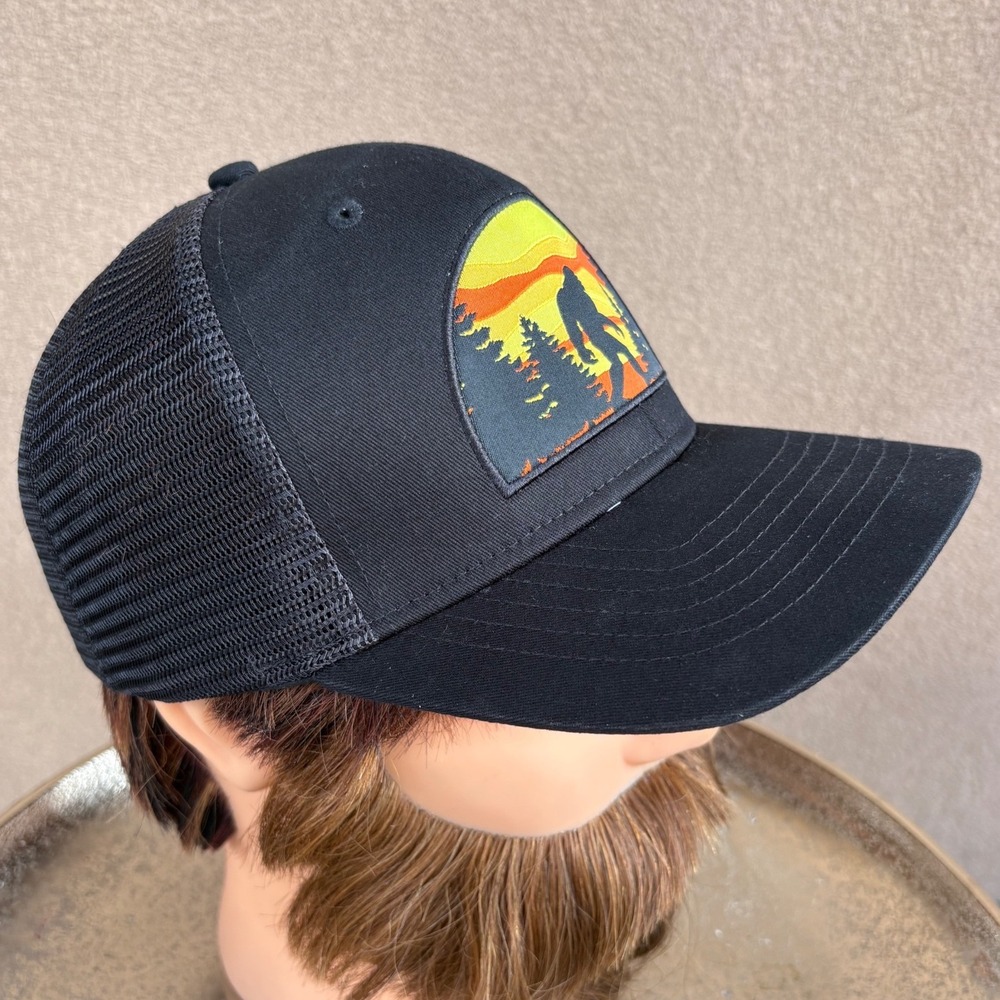 George Mens Bigfoot Sasquatch Trucker Hat Black Sunset Forest Patch Snapback - Picture 3 of 8